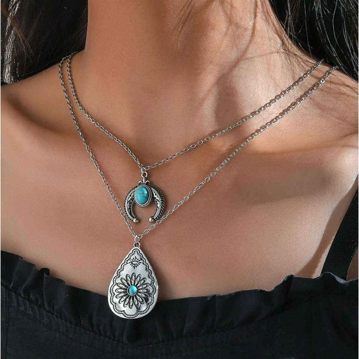 Silvertone Faux Turquoise Crescent Moon And Teardrop Western Layered Necklace - White sold by Zulily
