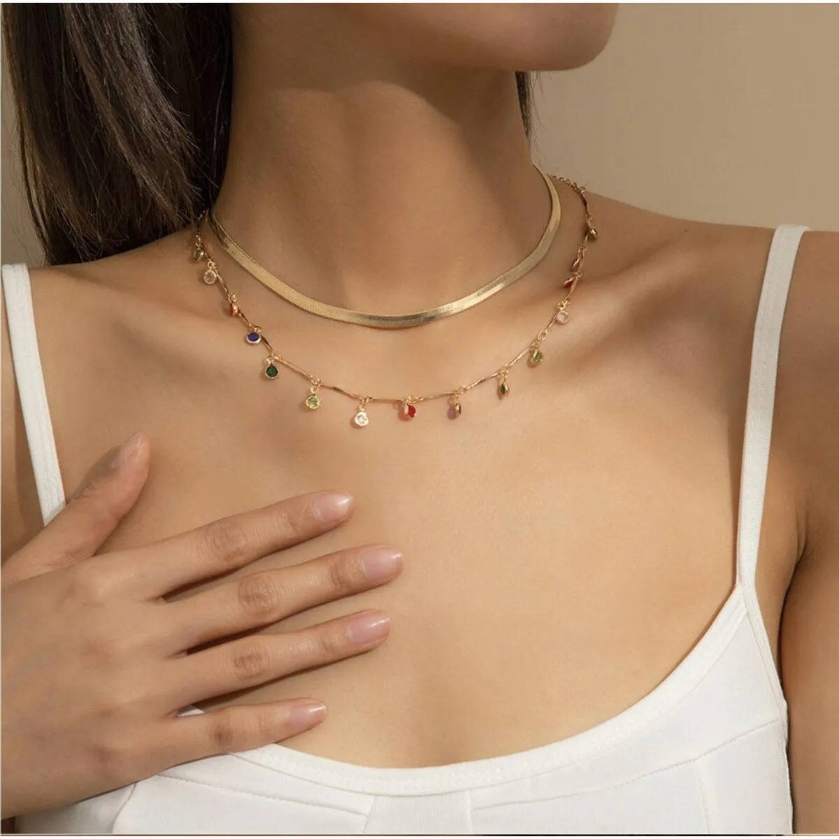 Goldtone Layered Necklace With Multi Colored Crystal Drops - White sold by Zulily