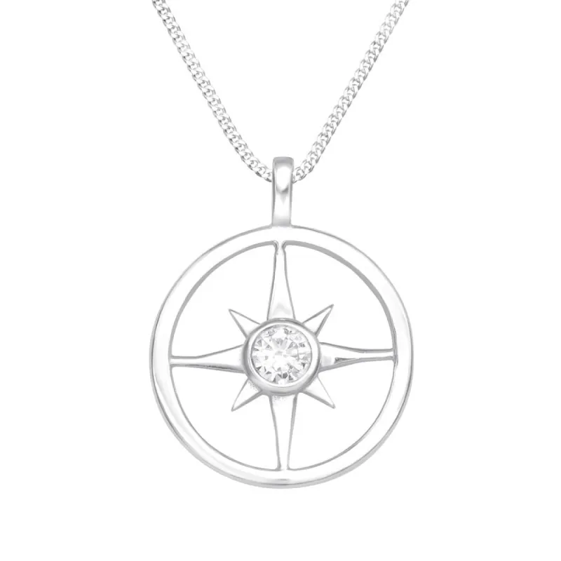 Sterling Silver Dainty Compass Pendant Necklace With Cubic Zirconia Center - Ag Sterling - White sold by Zulily