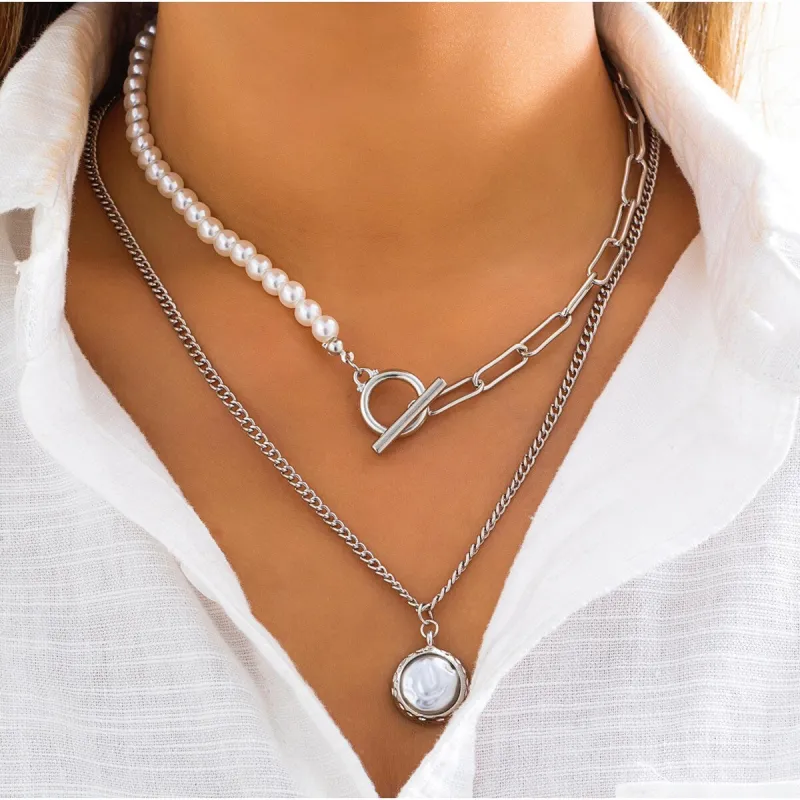 Imitation Pearl and Silvertone Disc Layered Pendant Necklace - White sold by Zulily