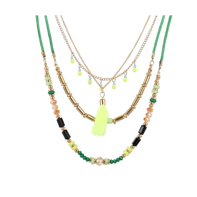 Goldtone Neon Green Tasseled Beaded Layered Necklace - White sold by Zulily