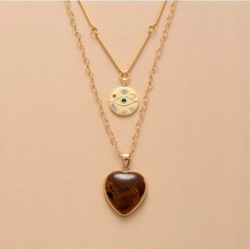 Tiger Eye & Goldtone Heart Layered Pendant Necklace - White sold by Zulily