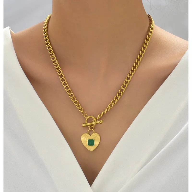 Goldtone & Green Heart Chain Link Necklace - White sold by Zulily