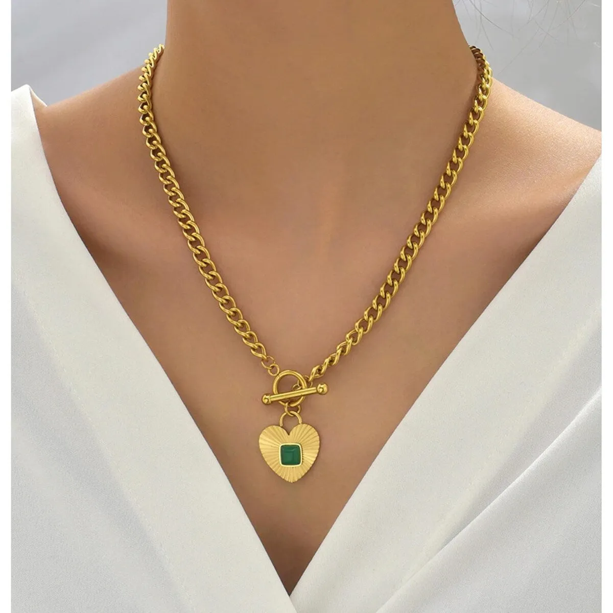 Goldtone & Green Heart Chain Link Necklace - White sold by Zulily