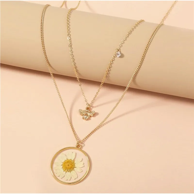 Goldtone Bee Dried Daisy Layered Necklace - White sold by Zulily