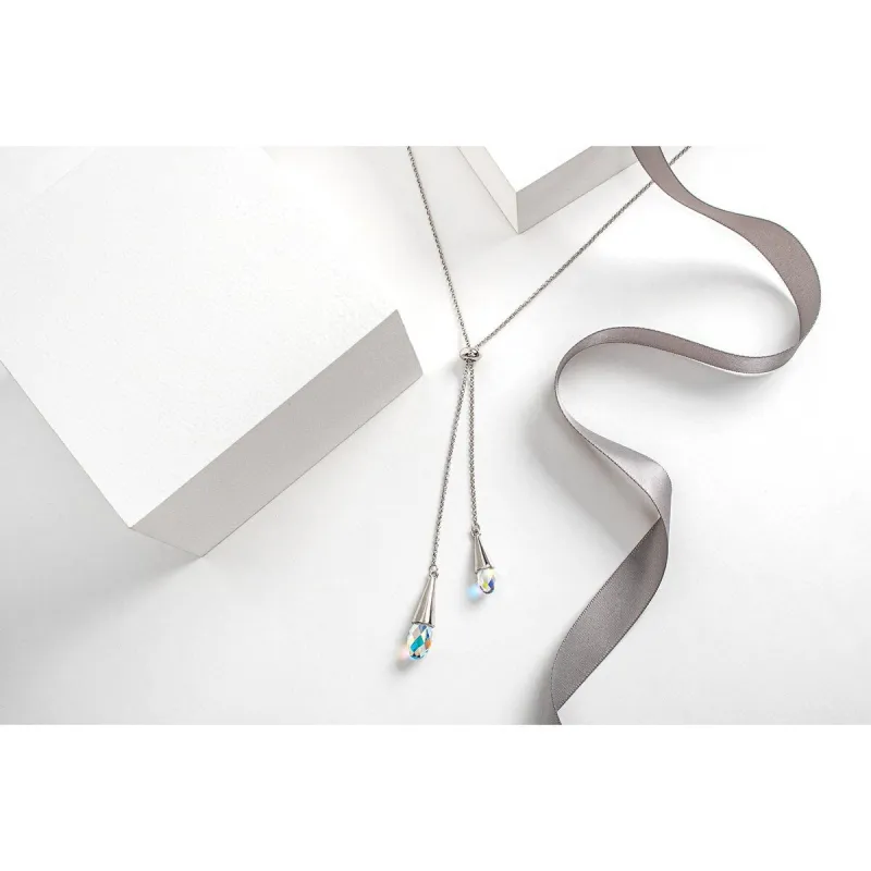 Silvertone Aurora Borealis Lariat Briolette Drop Necklace - White sold by Zulily