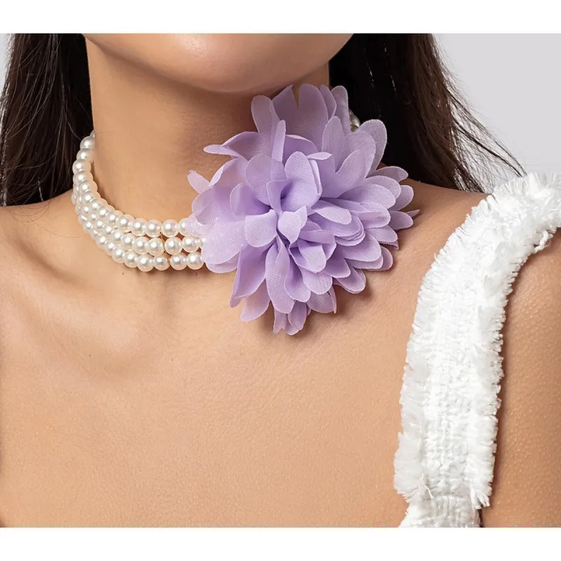 Imitation Pearl and Purple Flower Triple Row Choker Necklace - White sold by Zulily
