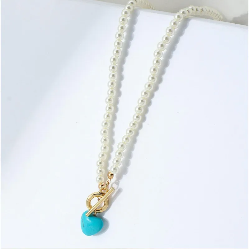 Imitation Pearl Turquoise Heart Necklace - White sold by Zulily