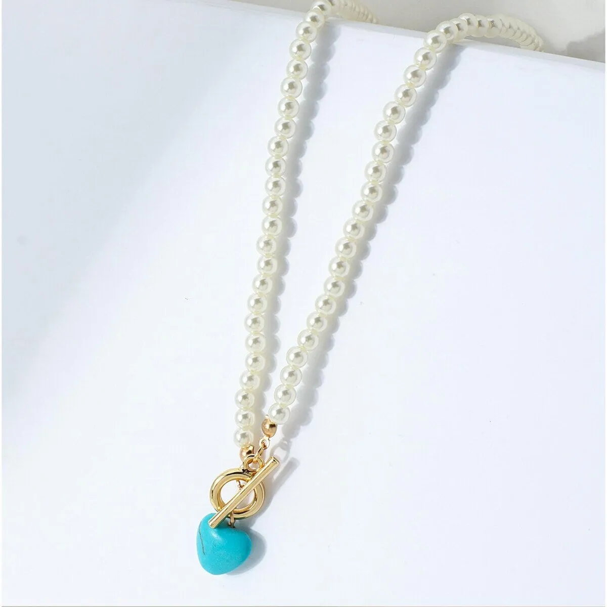 Imitation Pearl Turquoise Heart Necklace - White sold by Zulily