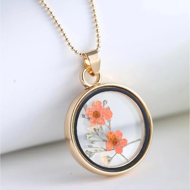 Goldtone Peach Dried Flower Circular Pendant Necklace - White sold by Zulily