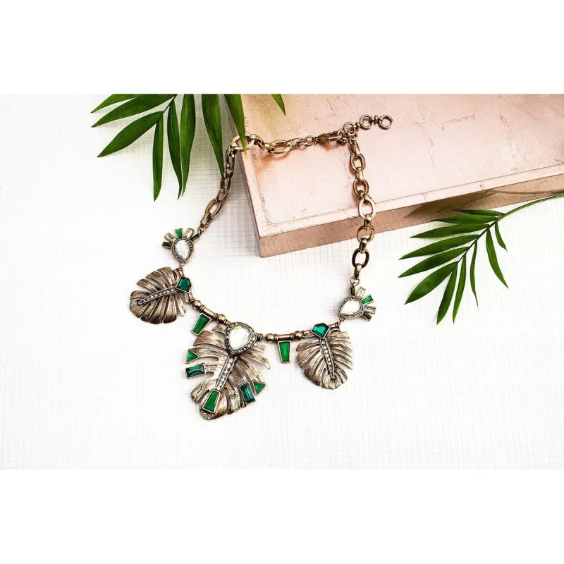 Goldtone Green Statement Leaf Necklace - White sold by Zulily