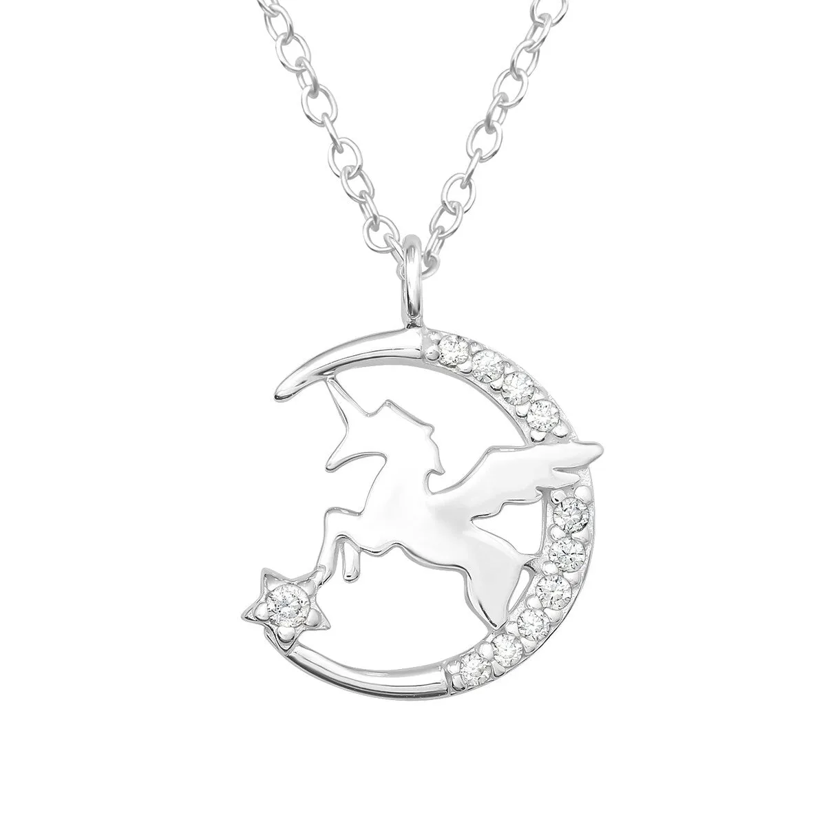 Sterling Silver Unicorn & Crescent Moon Pendant Necklace with Cubic Zirconia - White sold by Zulily