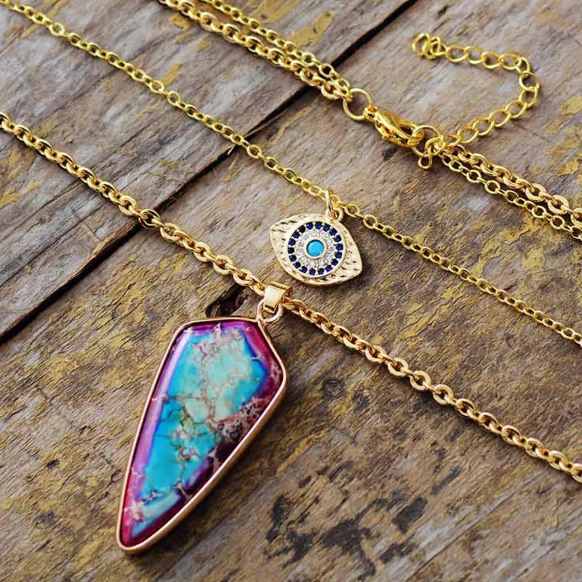 Goldtone Layered Eye & Purple Blue Jasper Pointed Necklace - White sold by Zulily product image thumbnail 2