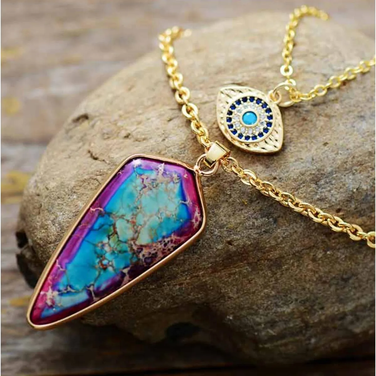 Goldtone Layered Eye & Purple Blue Jasper Pointed Necklace - White sold by Zulily product image thumbnail 3