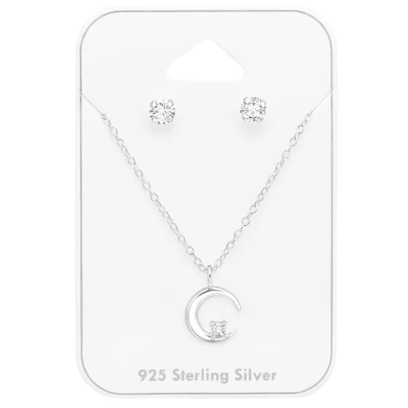 Sterling Silver Clear Cz Stud With Dainty Crescent Moon Pendant Necklace - Ag Sterling - White sold by Zulily