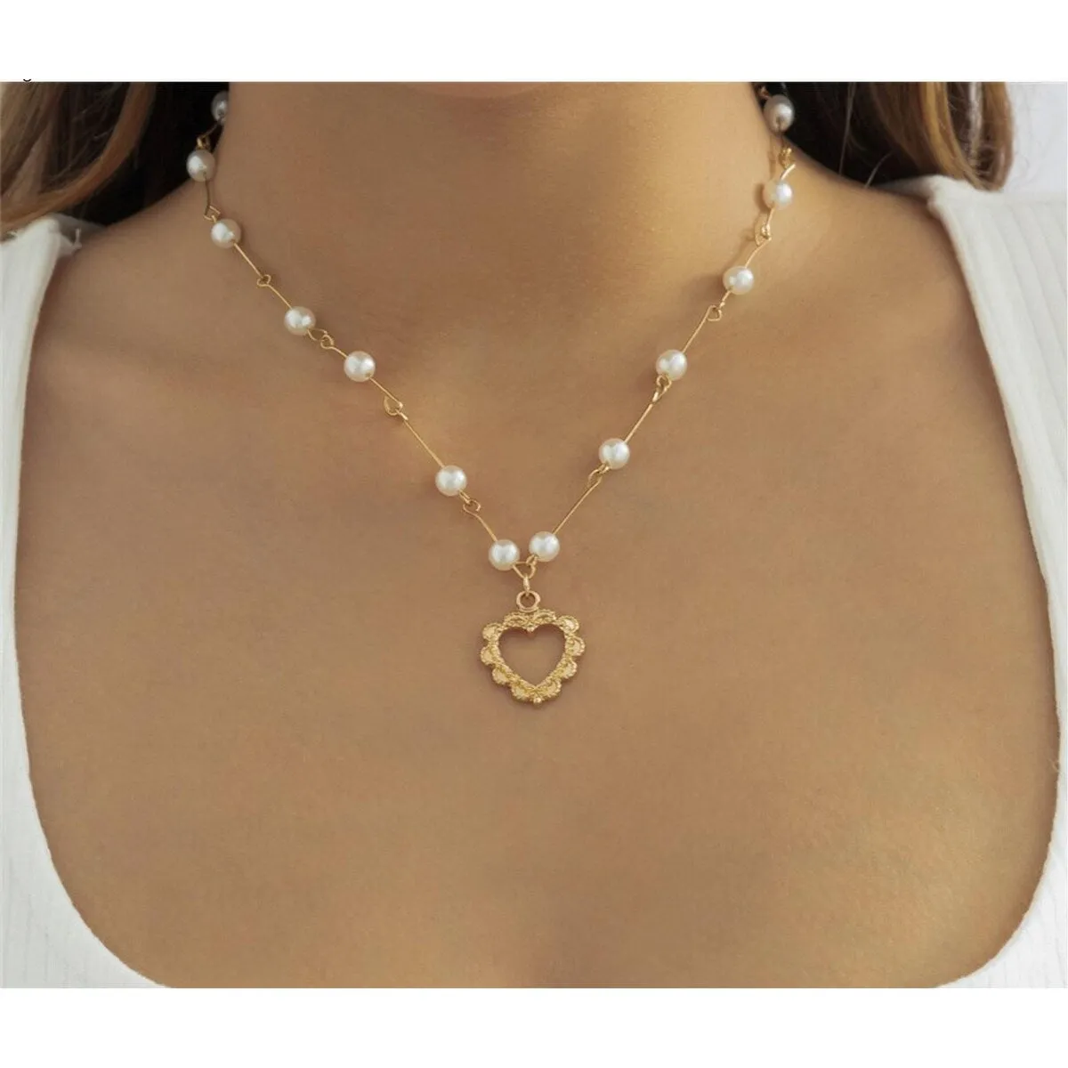 Goldtone Imitation Pearl Open Heart Necklace - White sold by Zulily
