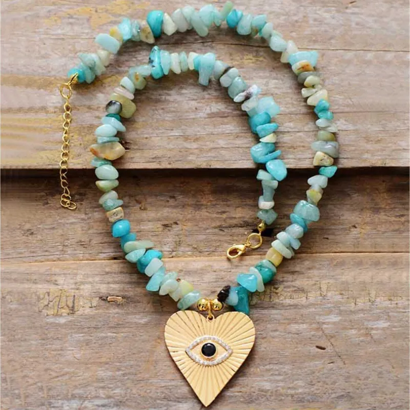 Chunky Amazonite Necklace With Goldtone All Seeing Eye Heart - White sold by Zulily