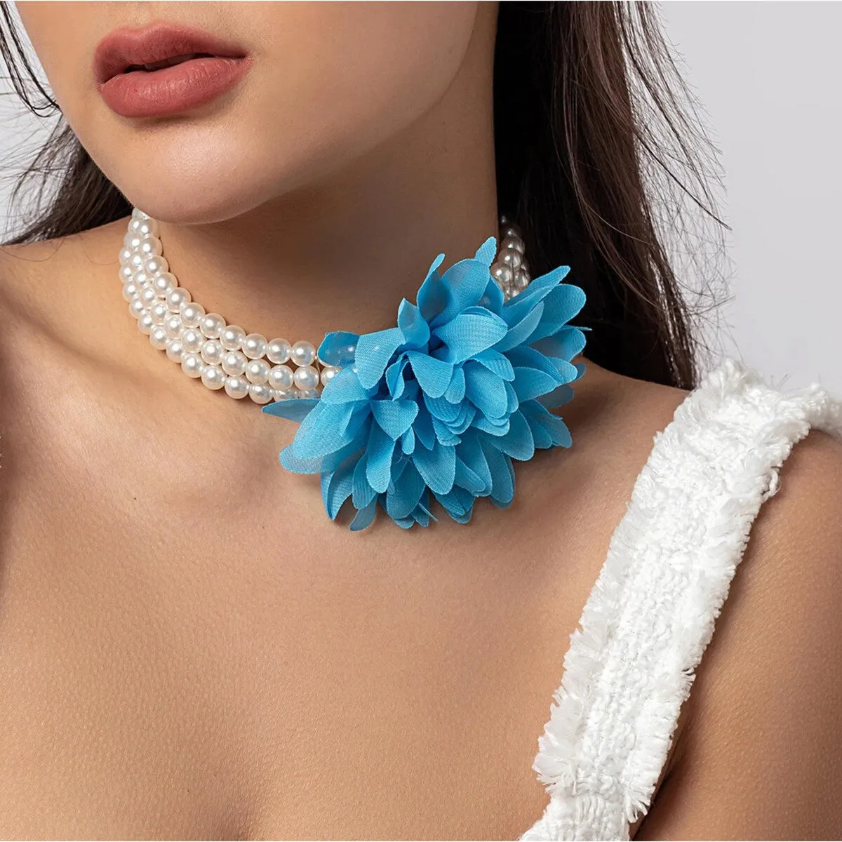 Imitation Pearl and Blue Flower Triple Row Choker Necklace - White sold by Zulily