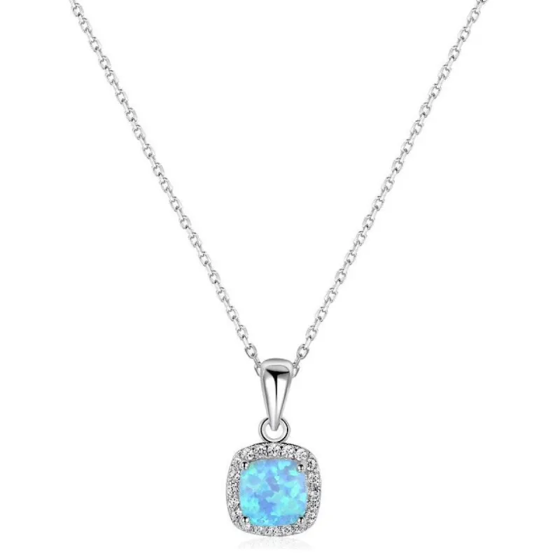 Sterling Silver Blue Opal Square Halo Pendant Necklace sold by Zulily