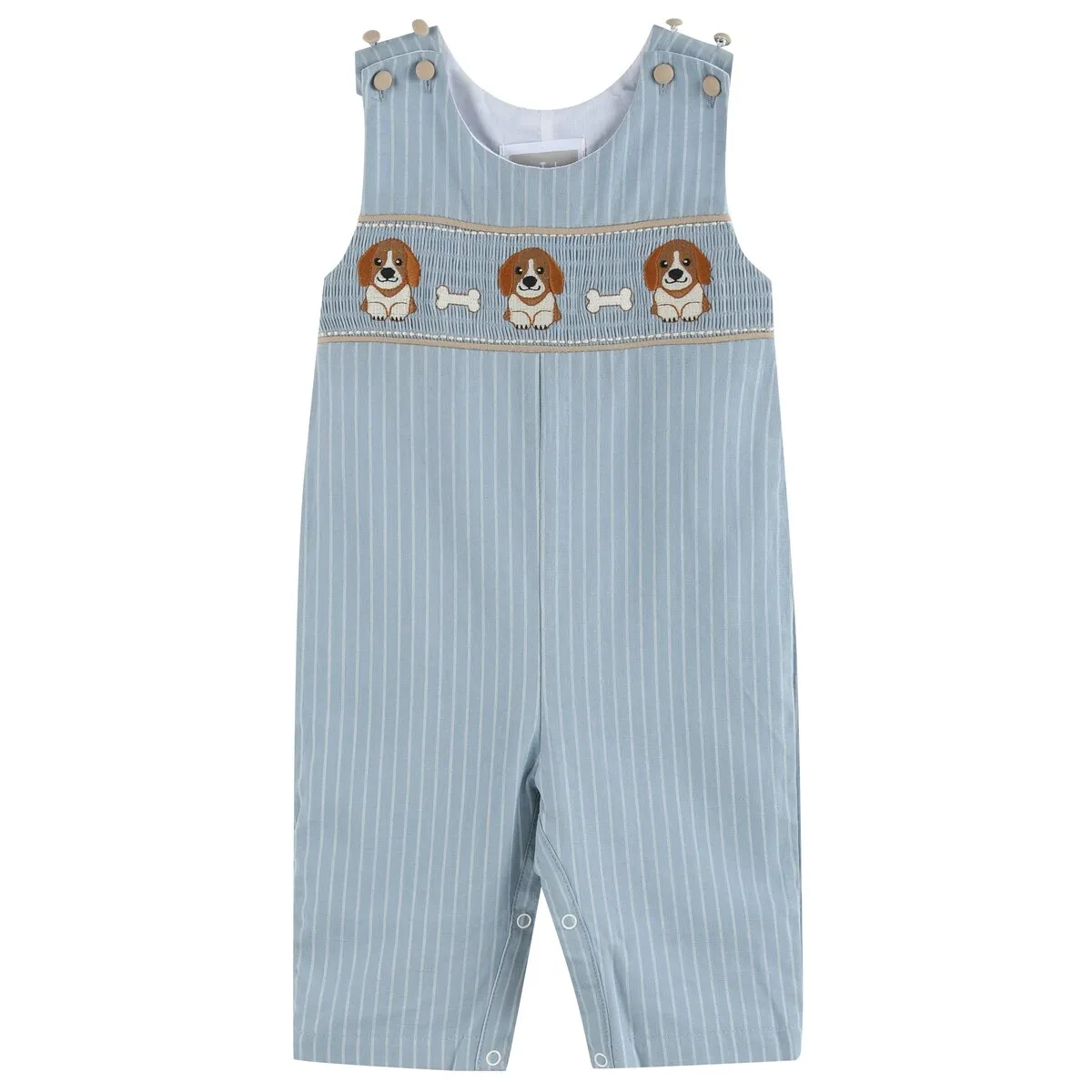 Light Blue Puppy Smocked Overalls sold by Zulily