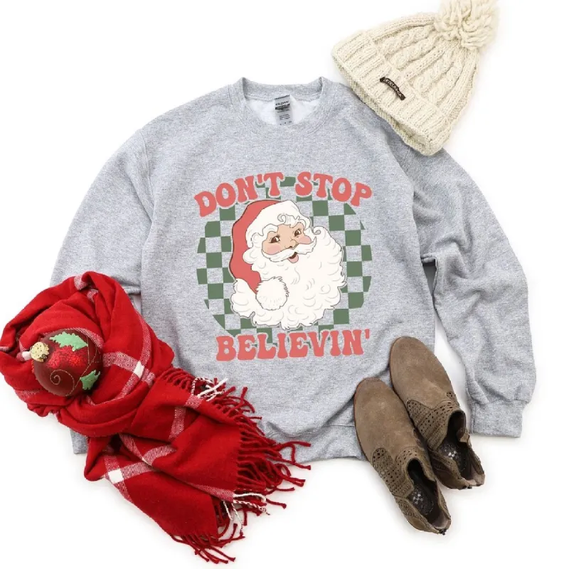 Don't Stop Believin' Santa Checkered Graphic Sweatshirt sold by Zulily