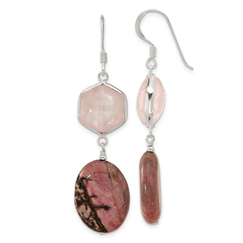 Curata 925 Sterling Silver 15x58.5mm Rose Quartz and Rhodonite Hook Earrings sold by Zulily