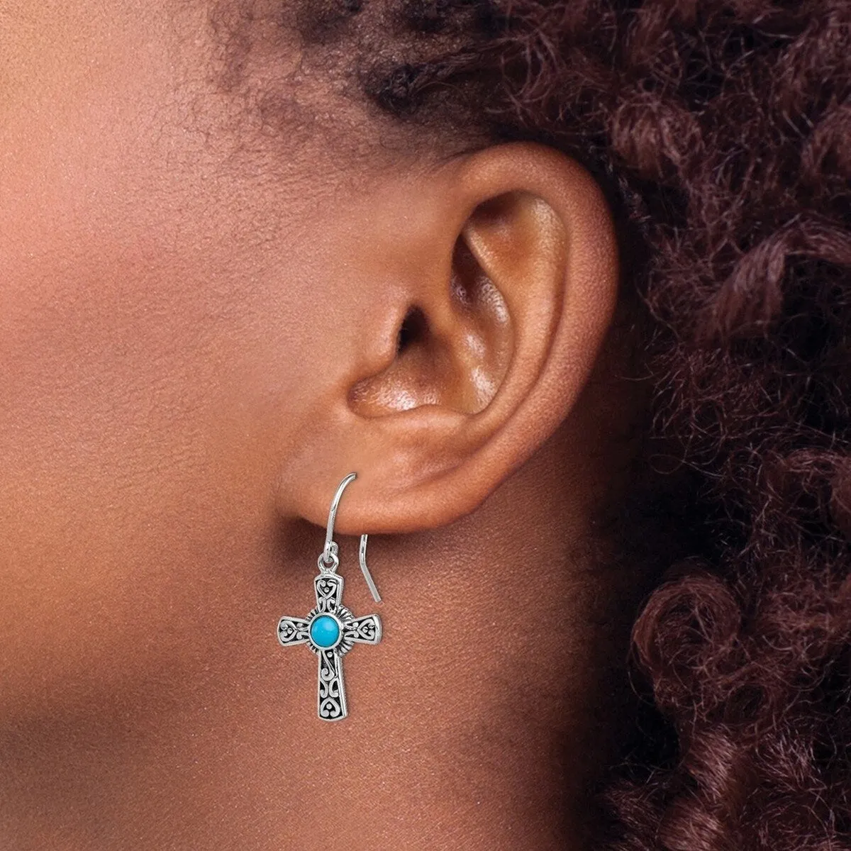 Curata 925 Sterling Silver 16x33mm Polished Simulated Turquoise Cross Hook Earrings sold by Zulily product image thumbnail 4