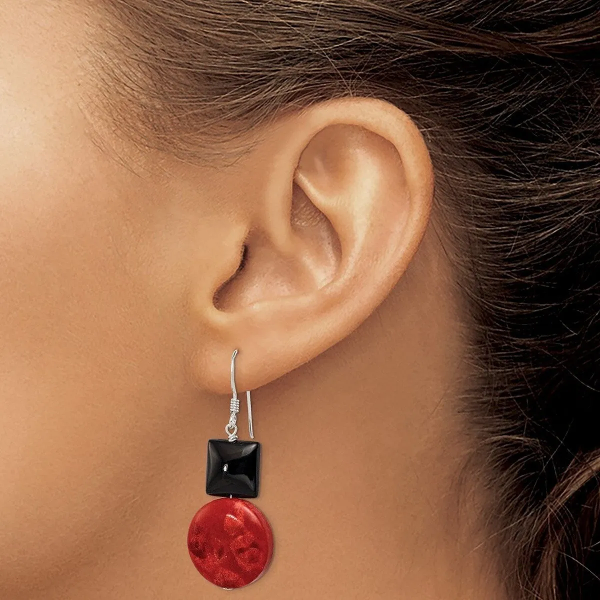 Curata 925 Sterling Silver 18x38mm Black Agate and Red Simulated Coral Hook Earrings sold by Zulily product image thumbnail 4