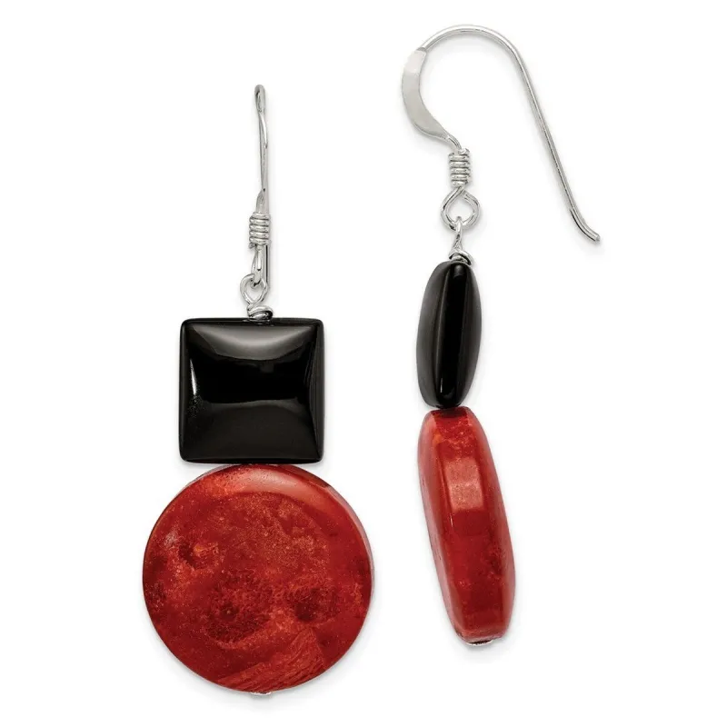 Curata 925 Sterling Silver 18x38mm Black Agate and Red Simulated Coral Hook Earrings sold by Zulily