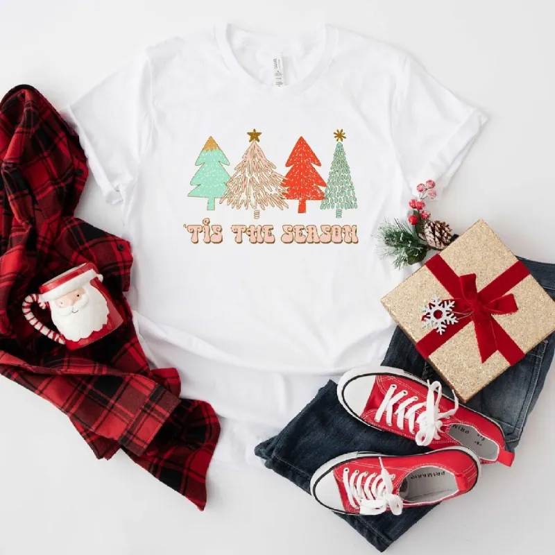Tis The Season Trees Grunge Short Sleeve Crewnneck Tee sold by Zulily