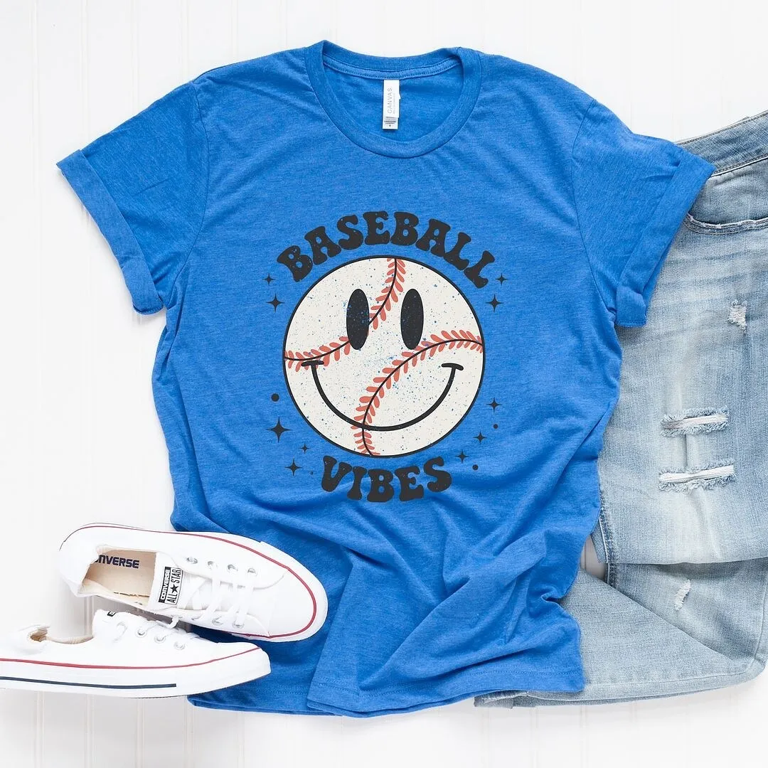 Baseball Vibes Smiley Face Short Sleeve Crewnneck Tee sold by Zulily
