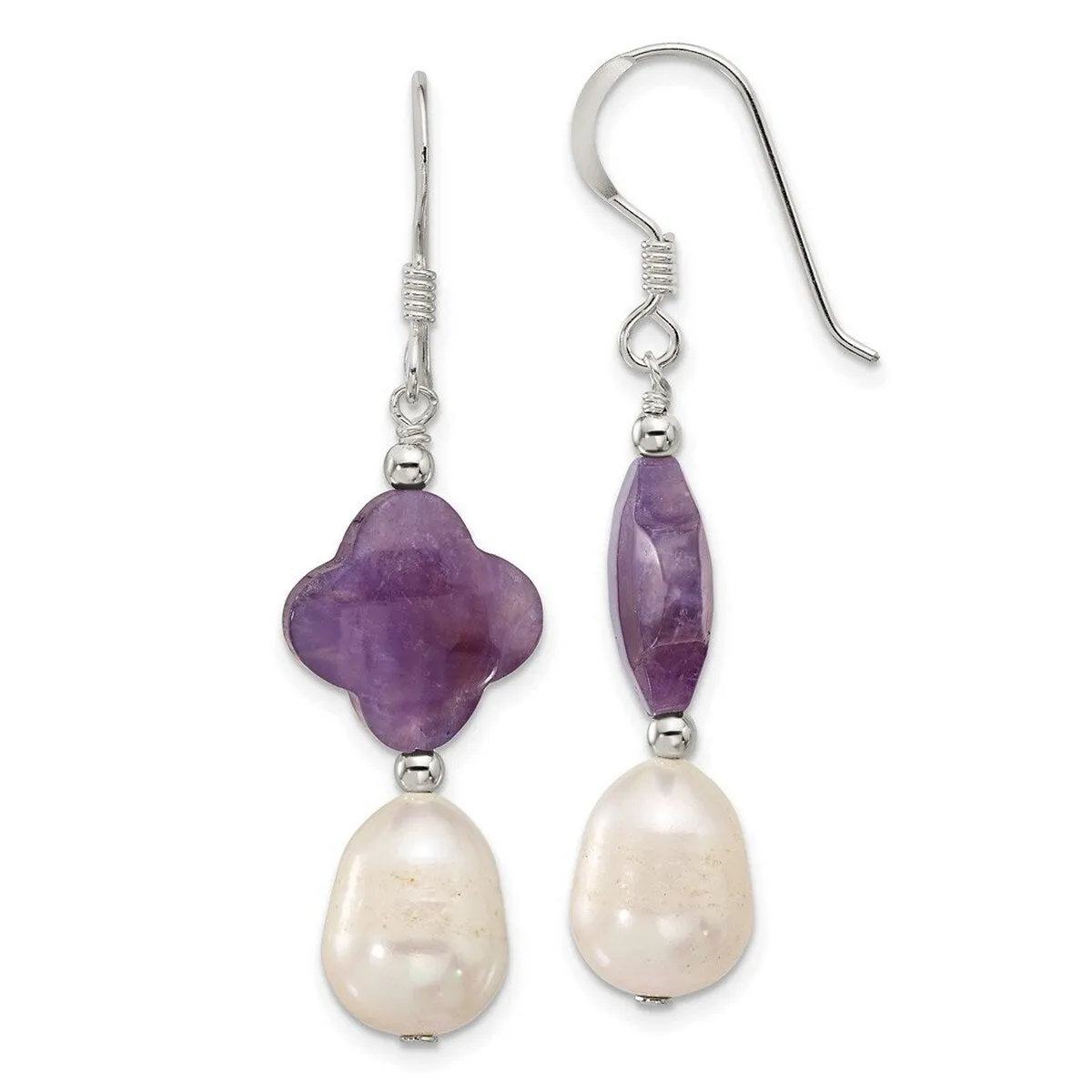 Curata 925 Sterling Silver 13x47.5mm Amethyst and Cultured Pearl Hook Earrings sold by Zulily