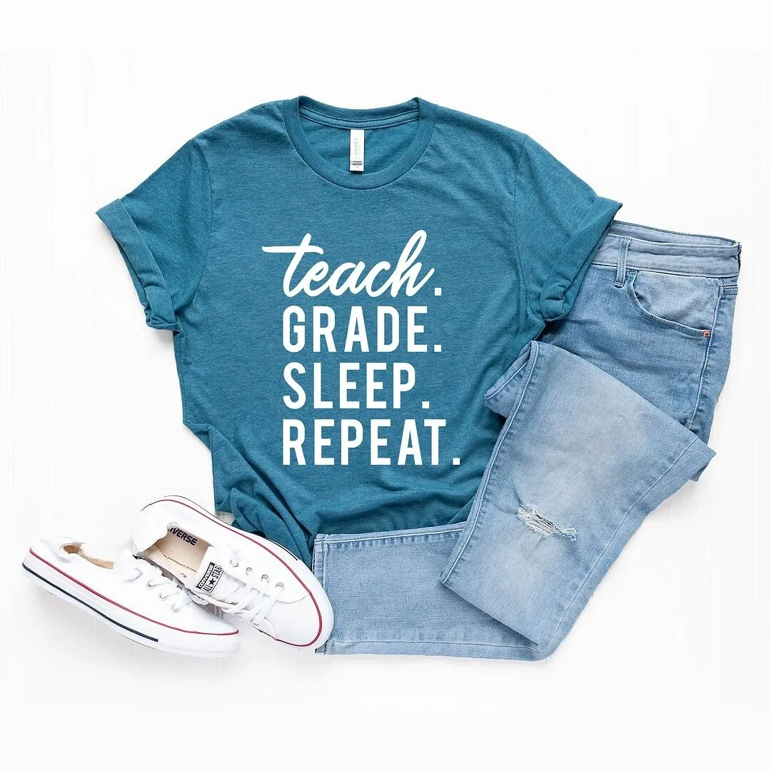 Teach Grade Sleep Repeat Short Sleeve Crewnneck Tee sold by Zulily