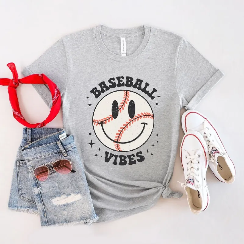 Baseball Vibes Smiley Face Short Sleeve Crewnneck Tee sold by Zulily