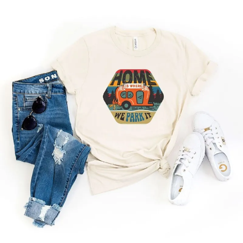 Home Is Where We Park It Badge Short Sleeve Crewnneck Tee sold by Zulily