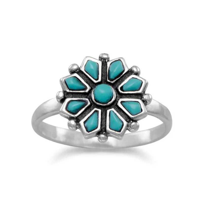 Curata 925 Sterling Silver 12mm Antiqued Simulated Turquoise Flower Ring sold by Zulily