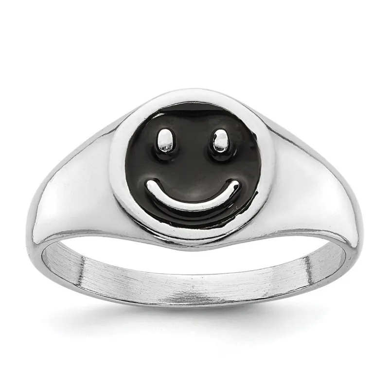 Curata 925 Sterling Silver Rhodium Plated Black Enamel Smiley Face Ring sold by Zulily