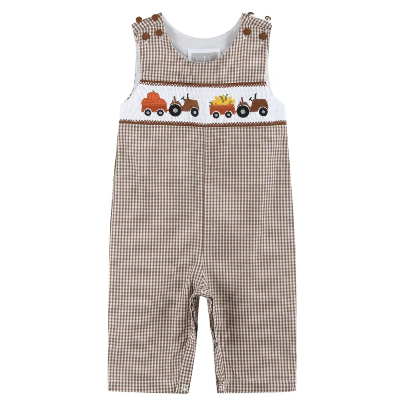 Brown Gingham Pumpkin and Corn Tractor Smocked Overalls sold by Zulily