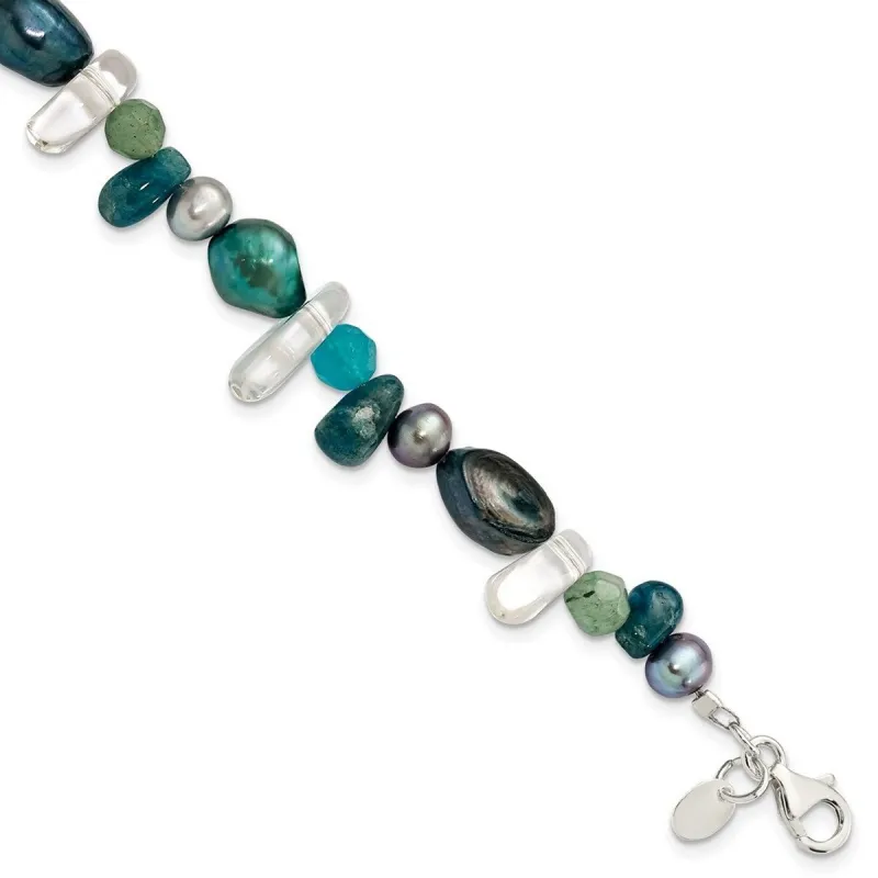 Curata 925 Sterling Silver 7.75" Aventurine Blue Quartz and Cultured Pearl Bracelet (Lobster) sold by Zulily
