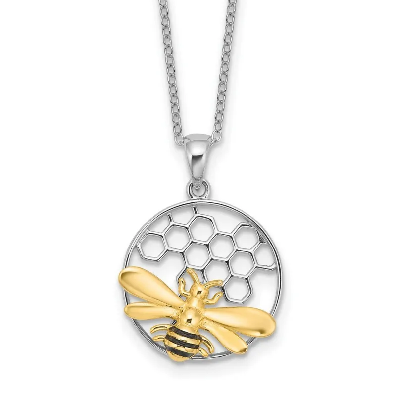 Curata 925 Sterling Silver 18" 17.7mm Rhodium Gold Plated Enameled Bee in Hive Necklace sold by Zulily