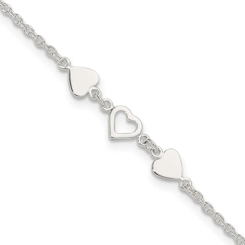 Curata 925 Sterling Silver 9" or 10" Polished Triple Heart Anklet for Women sold by Zulily