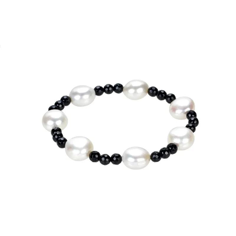 White Freshwater Cultured Pearl and Black Onyx stretchable Bracelet sold by Zulily