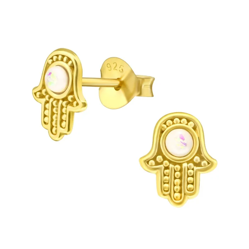 Sterling Silver 18k Gold-Plated Hamsa Stud Earrings with White Lab-Created Opal sold by Zulily