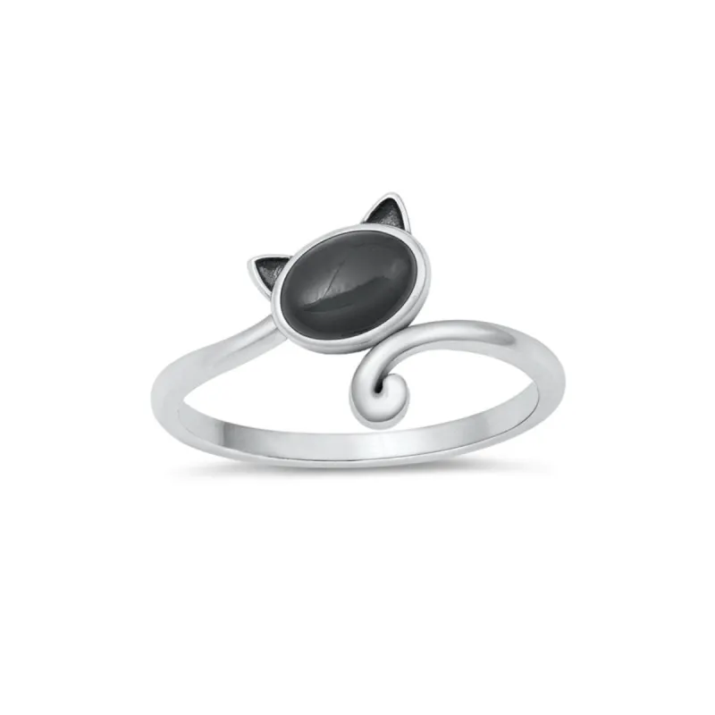 Natural Black Agate and Sterling Silver Cat Ring sold by Zulily