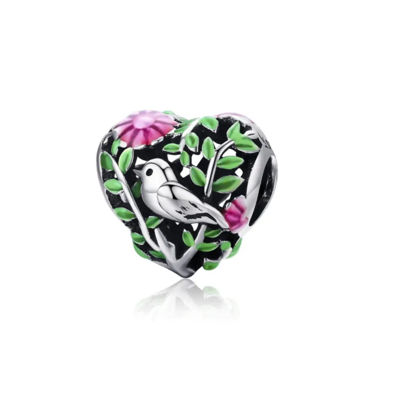 Sterling Silver Green Leaves Pink Flower With Bird Heart Charm Bead sold by Zulily