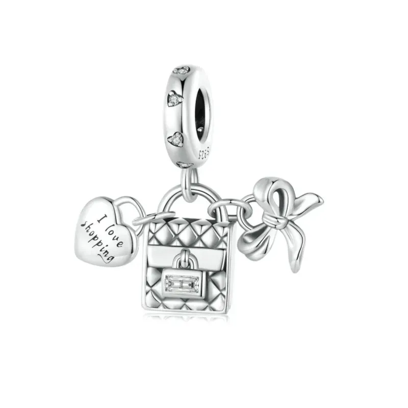 Sterling Silver Shopping Lover Purse with Heart and Bow Dangling Charm made by Zulily