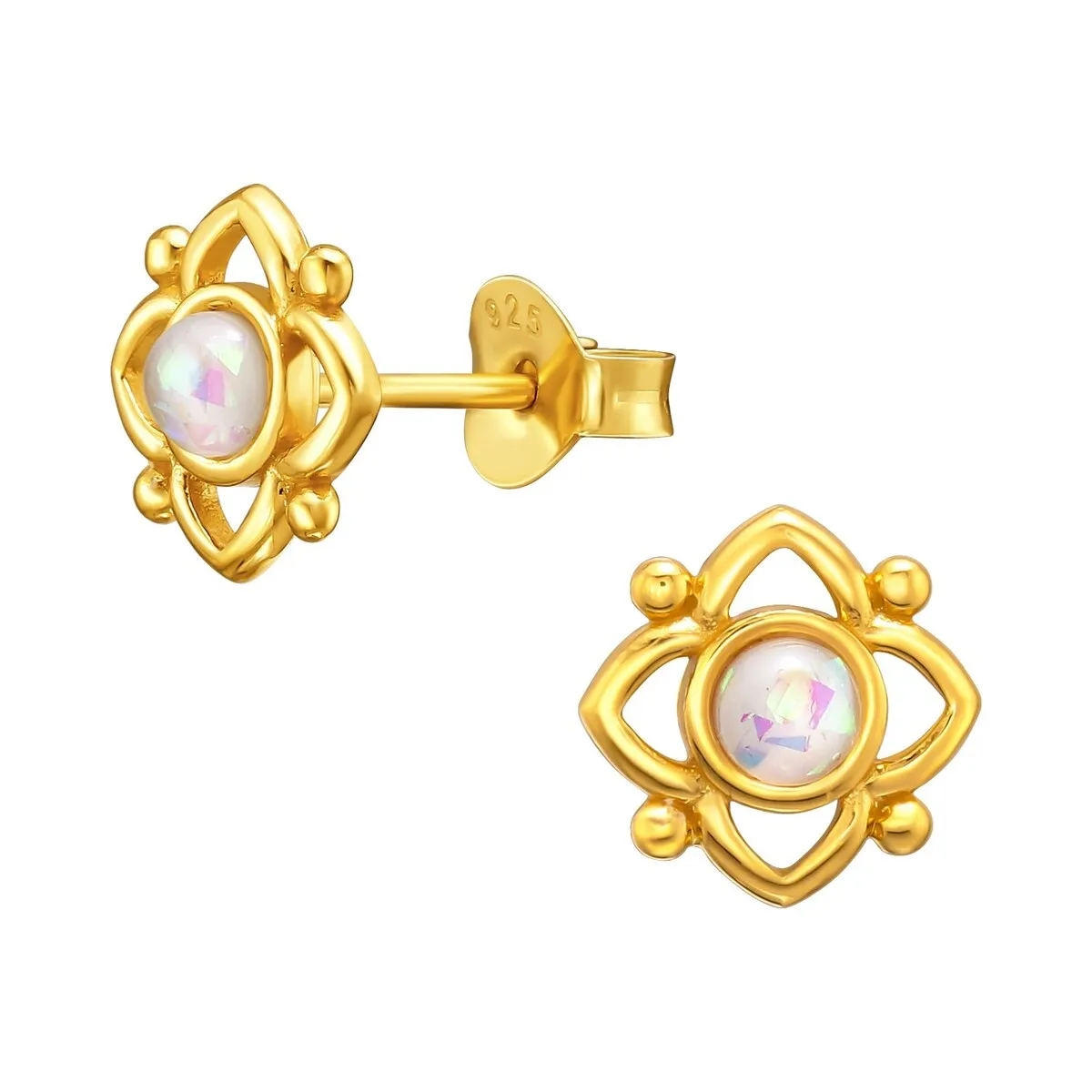 Sterling Silver 18k Gold-Plated Flower Stud Earrings with White Lab-Created Opal sold by Zulily