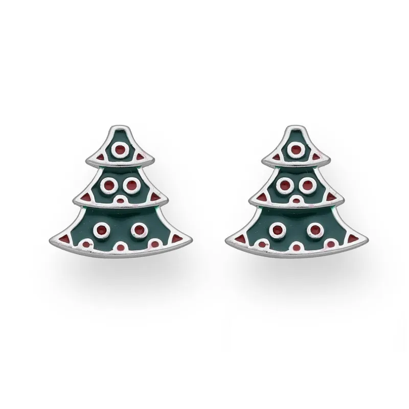 Sterling Silver Deep Green Red Christmas Tree Stud Earrings sold by Zulily