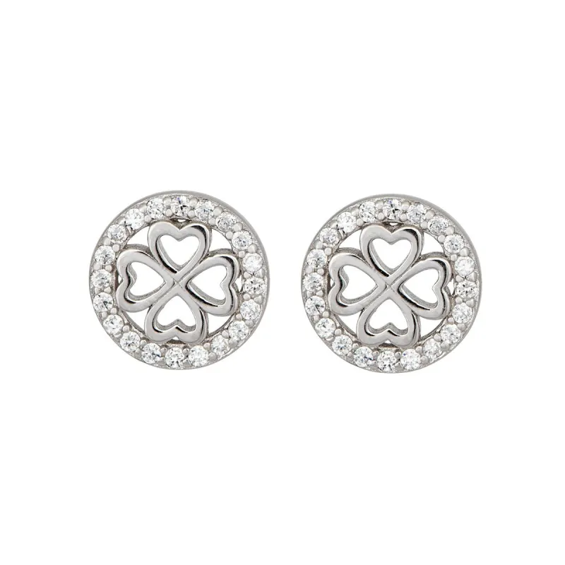 Sterling Silver Four Leaf Clover Cubic Zirconia Circular Stud Earrings sold by Zulily