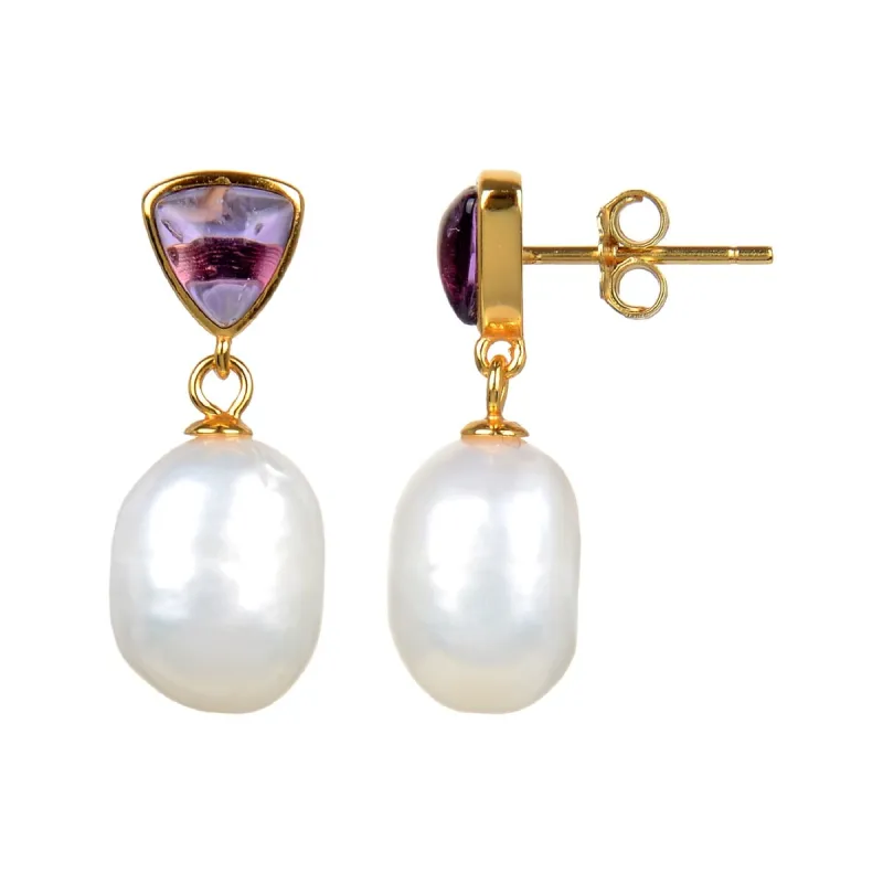 Gold Over Sterling Silver Freshwater Pearl and Amethyst Dangle Earrings sold by Zulily